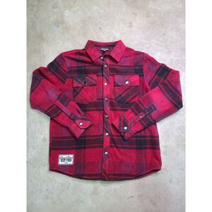 Fleece Plaid Shacket Over Shirt Mens M True Religion Red Jecket Snap Button